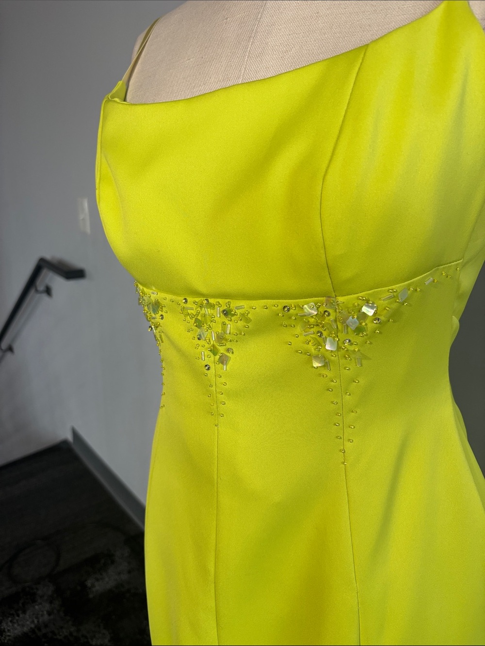 Strapless Neon Lime Evening Dress with Bead Detail